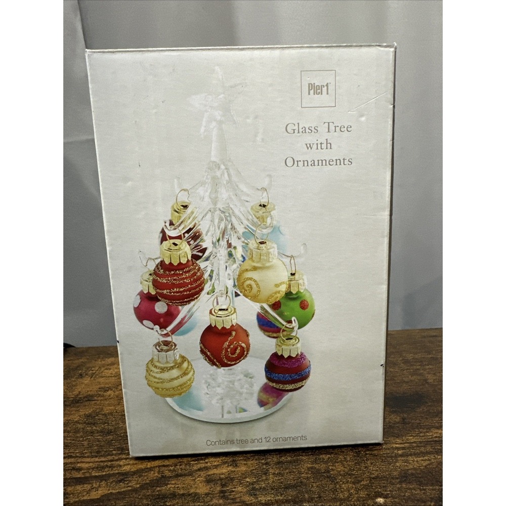 Pier 1 Mini Glass Tree with 12 Christmas Ornaments‎ Holiday Decor 6" New in Box
